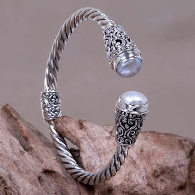 Cultured freshwater pearl cuff bracelet, 'Precious Dewdrops' - Hand Crafted Artisan 925 Sterling Silver Balinese Hinged Cuf