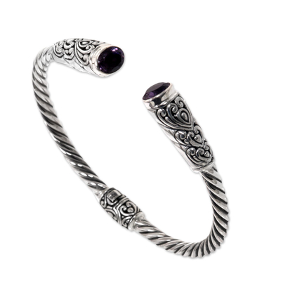 Amethyst cuff bracelet, 'Totem Hearts' - Sterling Silver Cuff Bracelet with Hearts and Amethysts