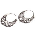 Sterling silver hoop earrings, 'Moonlit Garden' - Balinese Style Sterling Silver Crescent Hoop Earrings