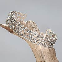 Sterling silver cuff bracelet, 'Elegant Fern' - Hand Crafted Sterling Silver Cuff Bracelet with Floral Motif