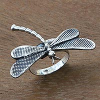 Sterling silver cocktail ring, 'White Dragonfly' - Bali Dragonfly Theme Artisan Crafted Sterling Silver Ring