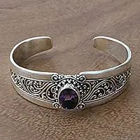 Pulsera de puño de amatista, 'Diosa del Crepúsculo' - Pulsera de puño estilo balinés de amatista y plata de ley