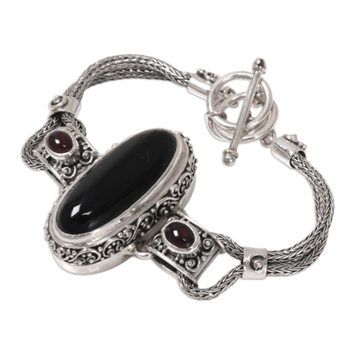 Onyx and garnet pendant bracelet, 'Royal Presence' - Balinese Style Pendant Bracelet with Onyx and Garnet