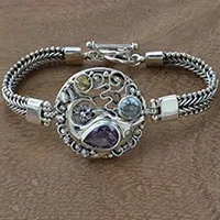 Multi-gemstone pendant bracelet, 'Royal Dolphin' - Hand Crafted 925 Sterling Silver Herringbone Bracelet with S