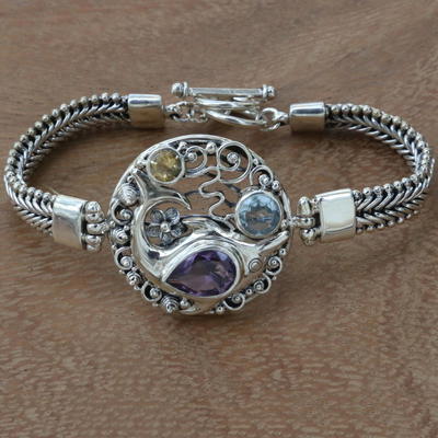 Multi-gemstone pendant bracelet, 'Royal Dolphin' - Hand Crafted 925 Sterling Silver Herringbone Bracelet with S
