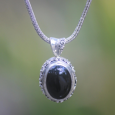 Onyx pendant necklace, 'Darkest Night' - Onyx and Sterling Silver Balinese Naga Pendant Necklace