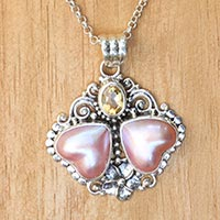 Cultured mabe pearl and citrine pendant necklace, 'Hearts Aglow' - Heart Shaped Pink Mabe Pearl Pendant Necklace with Citrine