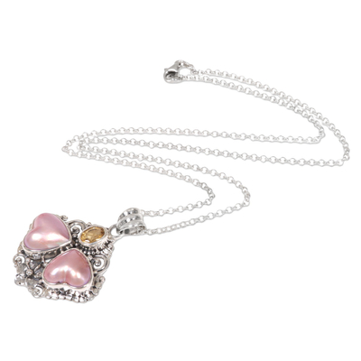 Cultured mabe pearl and citrine pendant necklace, 'Hearts Aglow' - Heart Shaped Pink Mabe Pearl Pendant Necklace with Citrine