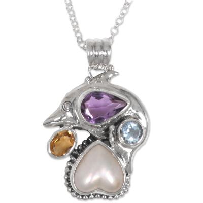 Multi-gemstone sterling silver pendant necklace, 'Jumping Dolphin' - Balinese Dolphin Necklace with Mabe Pearl and Gemstones