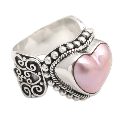 Anillo de cóctel de perlas mabe cultivadas - Romántico anillo de perla mabe cultivada rosa en forma de corazón