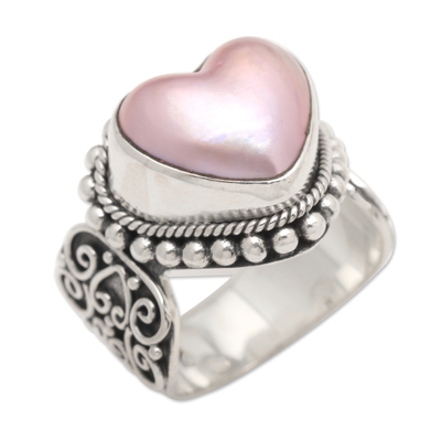Anillo de cóctel de perlas mabe cultivadas - Romántico anillo de perla mabe cultivada rosa en forma de corazón