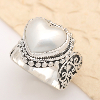 Cultured mabe pearl cocktail ring, 'Romance in White' - Ornate Cocktail Ring with Heart Shaped White Mabe Pearl