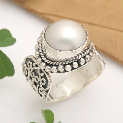 Cultured mabe pearl cocktail ring, 'Purely White' - White Mabe Pearl Cocktail Ring in Sterling Silver Setting