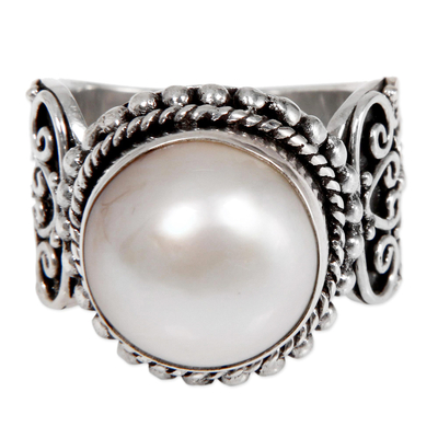 Anillo de cóctel de perlas mabe cultivadas - Anillo de cóctel con perla Mabe blanca en montura de plata esterlina