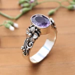 Amethyst single stone ring, 'Frangipani Path' - Amethyst and Sterling Silver Single Stone Flower Ring