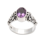 Amethyst single stone ring, 'Frangipani Path' - Amethyst and Sterling Silver Single Stone Flower Ring