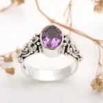 Amethyst single stone ring, 'Frangipani Path' - Amethyst and Sterling Silver Single Stone Flower Ring