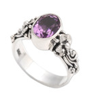 Amethyst single stone ring, 'Frangipani Path' - Amethyst and Sterling Silver Single Stone Flower Ring