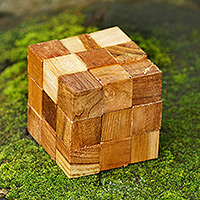 Rompecabezas de madera de teca, 'Cubo de serpiente' - Rompecabezas artesanal de madera de teca natural de Java
