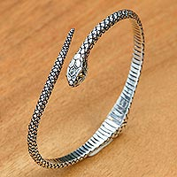 Gold accent sterling silver bracelet, 'Earth Serpent' - Realistic Sterling Silver Snake Bracelet with 18k Gold Eyes