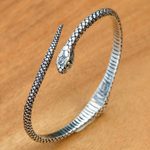 Gold accent sterling silver bracelet, 'Earth Serpent' - Realistic Sterling Silver Snake Bracelet with 18k Gold Eyes
