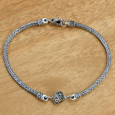 Sterling silver pendant bracelet, 'Bali Dice' - Naga Chain Bracelet Handmade with 925 Silver 18k Gold Accent