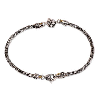 Sterling silver pendant bracelet, 'Bali Dice' - Naga Chain Bracelet Handmade with 925 Silver 18k Gold Accent