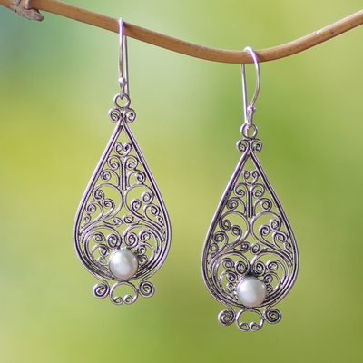 Cultured pearl dangle earrings, 'Filigree Tendrils' - Balinese Cultured Pearl Silver Filigree Handcrafted Earrings