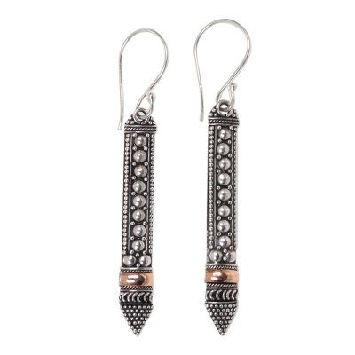 Gold accent dangle earrings, 'Balinese Scepter' - Sterling Silver Dangle Earrings with 18k Gold Accents