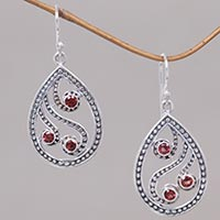 Garnet dangle earrings, 'Peacock Feather' - Balinese Handcrafted Garnet and Sterling Silver Earrings