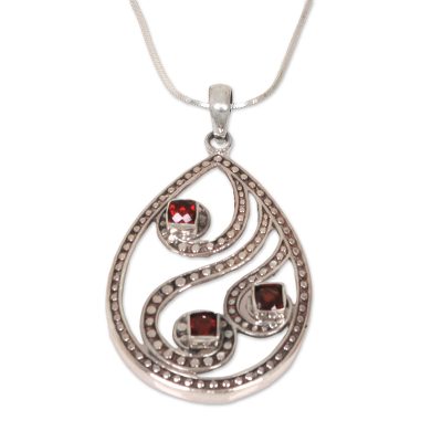Garnet pendant necklace, 'Peacock Feather' - Balinese Handcrafted Garnet and Sterling Silver Necklace