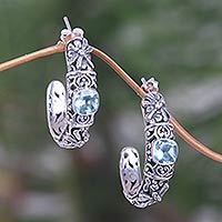 Pendientes de medio aro de topacio azul, 'Frangipani Dragonflies' - Pendientes de medio aro de topacio azul balinés en plata de ley