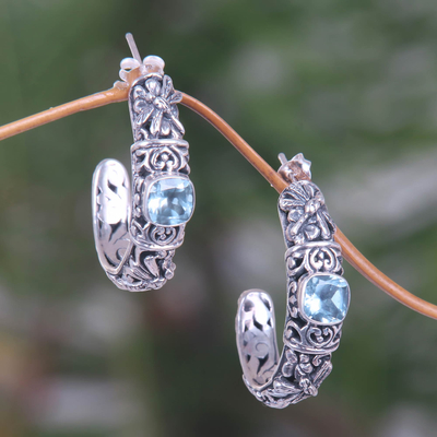 Blue topaz half-hoop earrings, Frangipani Dragonflies