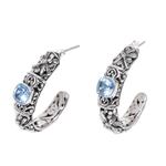 Blue topaz half-hoop earrings, 'Frangipani Dragonflies' - Balinese Blue Topaz Half Hoop Earrings in Sterling Silver