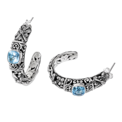 Blue topaz half-hoop earrings, 'Frangipani Dragonflies' - Balinese Blue Topaz Half Hoop Earrings in Sterling Silver