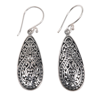 Sterling silver dangle earrings, 'Floral Pear' - Engraved Sterling Silver Dangle Earrings from Bali