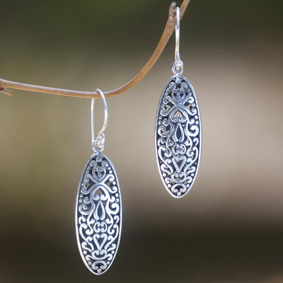 Sterling silver dangle earrings, 'Balinese Floral' - Engraved Sterling Silver Dangle Earrings with Floral Motif