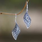Sterling silver dangle earrings, 'Voluptuous Leaf' - Ornate Leaf Theme Balinese Sterling Silver Artisan Earrings