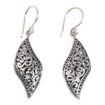 Sterling silver dangle earrings, 'Voluptuous Leaf' - Ornate Leaf Theme Balinese Sterling Silver Artisan Earrings