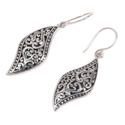 Sterling silver dangle earrings, 'Voluptuous Leaf' - Ornate Leaf Theme Balinese Sterling Silver Artisan Earrings