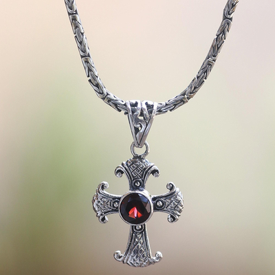 Garnet pendant necklace, 'Holy Sacrifice in Red' - Garnet and Sterling Silver Necklace with Cross Pendant