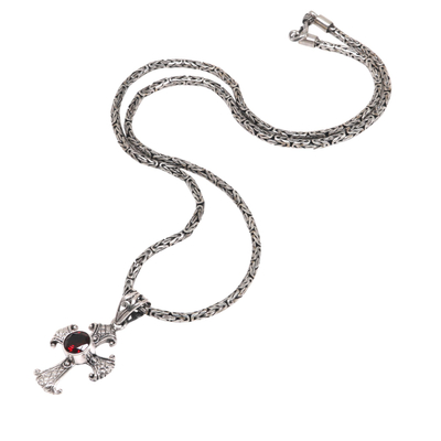 Halskette mit Granat-Anhänger - Halskette aus Granat und Sterlingsilber mit Kreuzanhänger