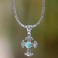 Silver and turquoise pendant necklace, 'Holy Sacrifice in Turquoise' - Artisan Crafted Sterling Silver Necklace with Cross Pendant