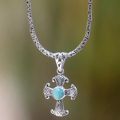 Silver and turquoise pendant necklace, 'Holy Sacrifice in Turquoise' - Artisan Crafted Sterling Silver Necklace with Cross Pendant