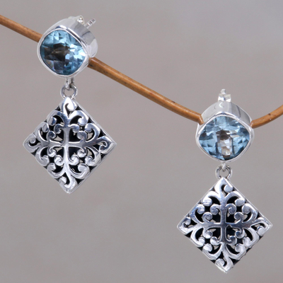 Blue topaz dangle earrings, 'Blue Floral' - Hand Crafted Blue Topaz and Sterling Silver Dangle Earrings