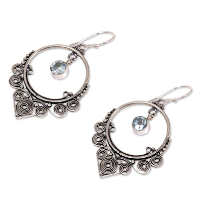 Blue topaz dangle earrings, 'Opulence' - Ornate Silver Dangle Earrings with One Carat of Blue Topaz