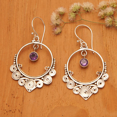 Amethyst dangle earrings, 'Opulence' - Round Amethyst Dangle Earrings in Sterling Silver