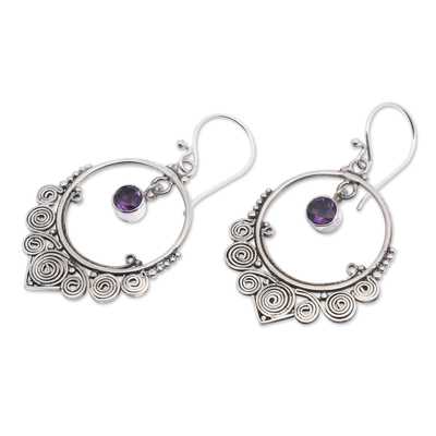 Amethyst dangle earrings, 'Opulence' - Round Amethyst Dangle Earrings in Sterling Silver