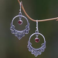 Garnet dangle earrings, 'Opulence' - Round Sterling Silver Dangle Earrings with Garnets