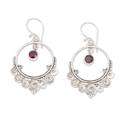 Garnet dangle earrings, 'Opulence' - Round Sterling Silver Dangle Earrings with Garnets